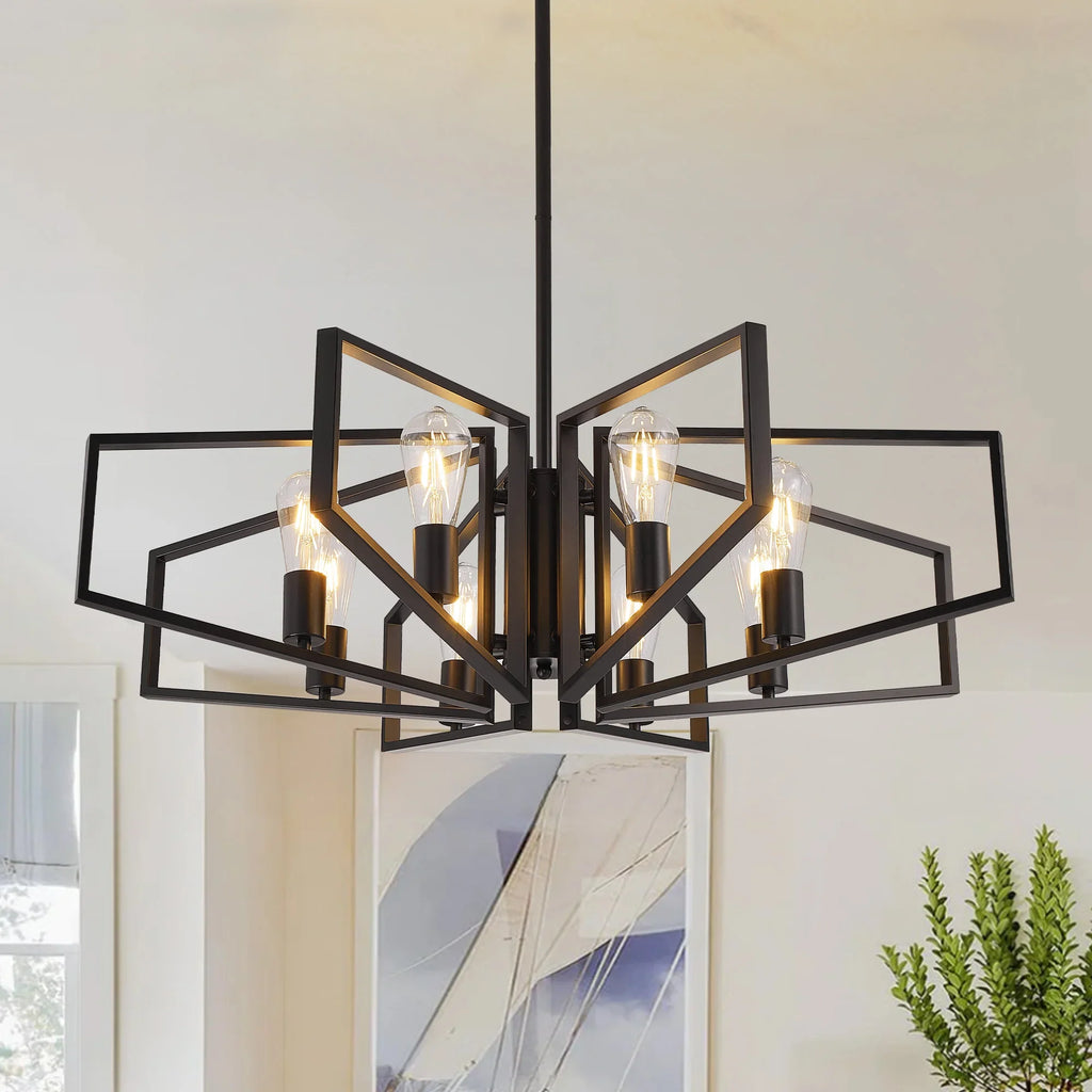 Modern 8-Light Geometric Chandelier Adjustable Height Metal Pendant Light with Black Frame & Golden Accents Ceiling Light Decor