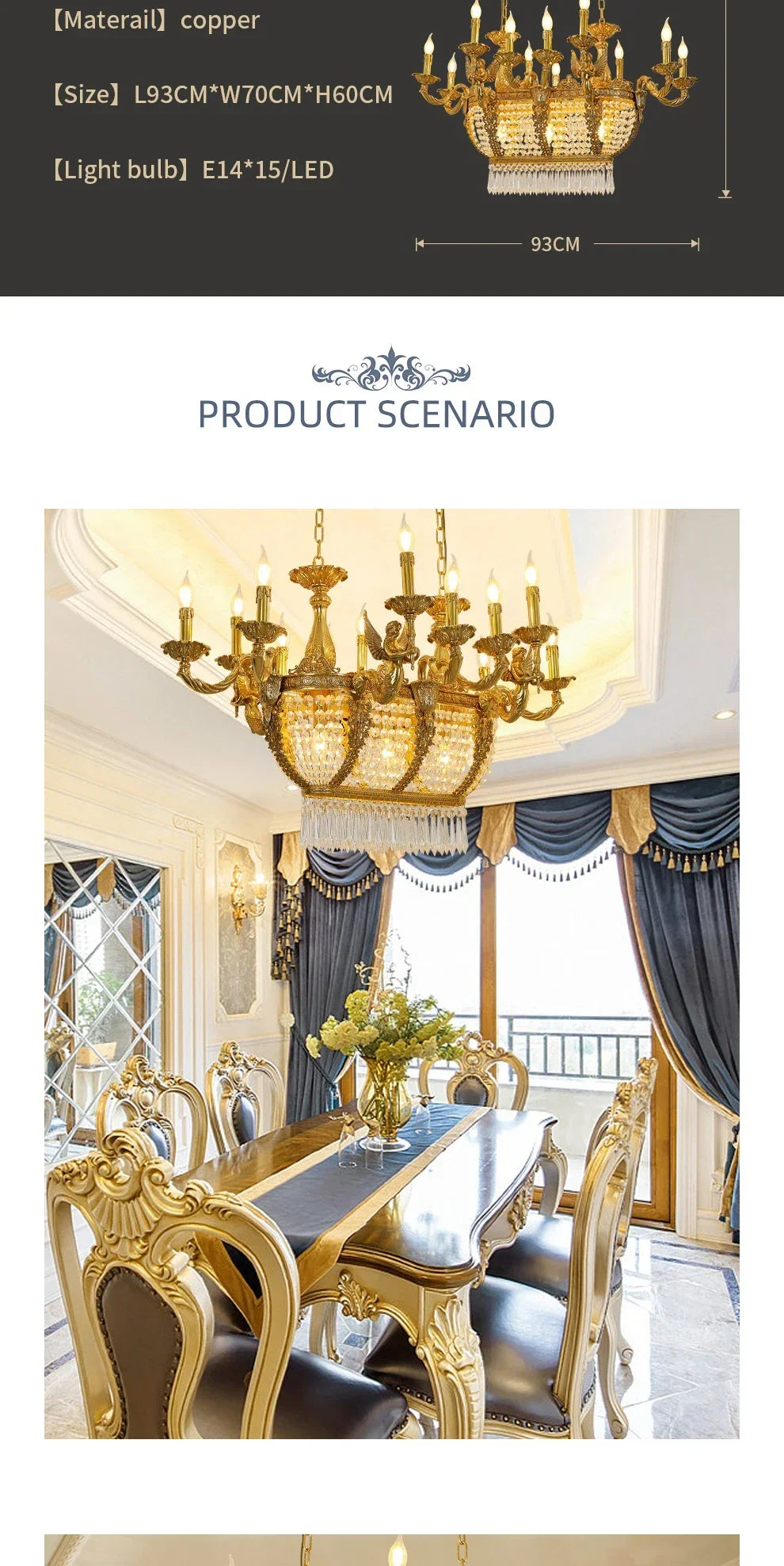 French Gold Rectangular Lighting Low Ceiling Pendant Lamp Dining Room Crystal Classical Chandelier For Dinning Room