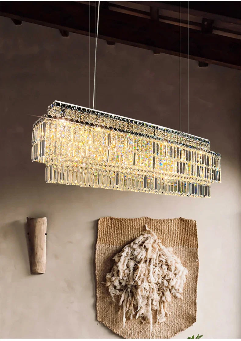 Led Crystal Chandelier For Dining Room Modern Rectangle Hanging Lamp Luxury Home Decor Indoor Lighting Gold/Silver Kitchen Light