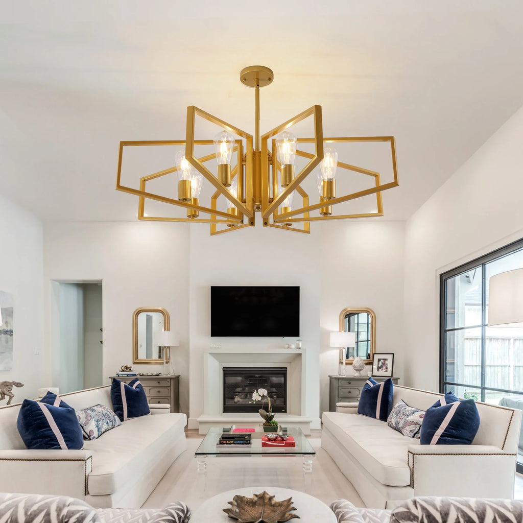 Modern 8-Light Geometric Chandelier Adjustable Height Metal Pendant Light with Black Frame & Golden Accents Ceiling Light Decor