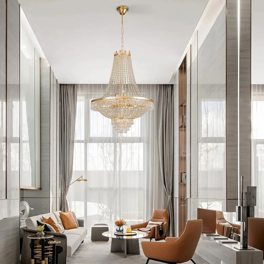 Luxury Crystal Chandelier, Modern Gold French Empire Crystal Ceiling Chandelier LED Ceiling Light Fixture Lamp for Living room
