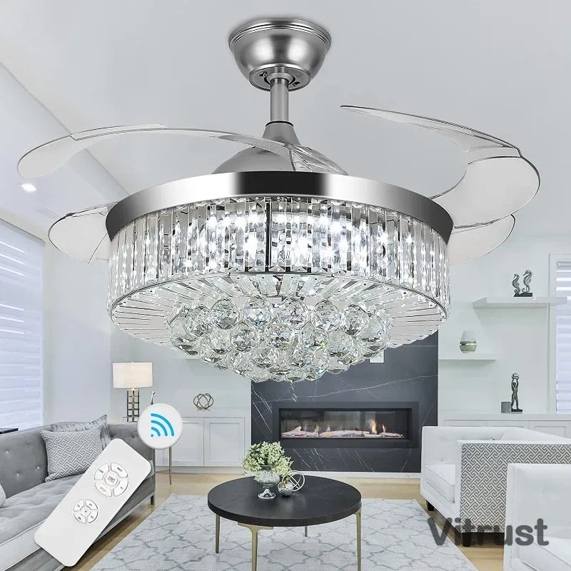 42 inch Fandelier Crystal Ceiling Fans with Lights and Remote Modern Retractable Chandelier Fan LED Ceiling Fan Light Kit