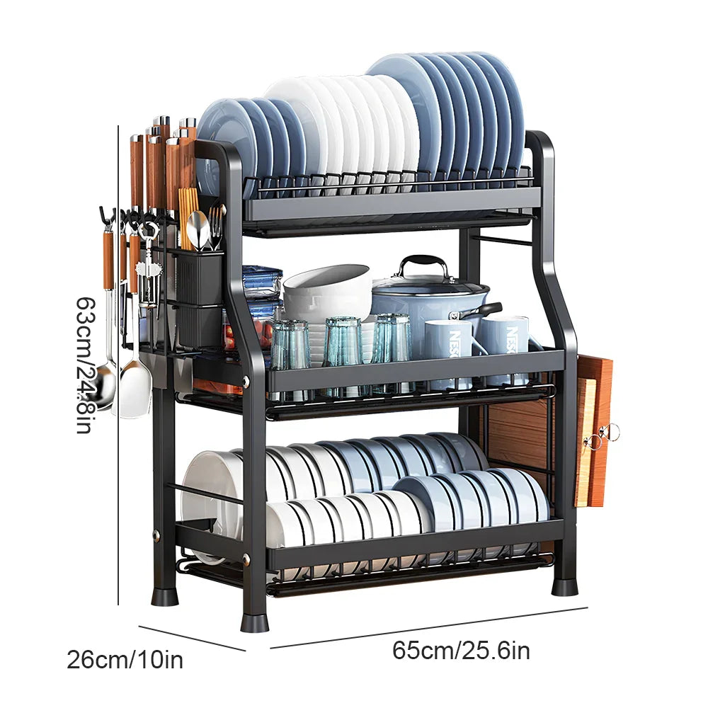 2 Tier/3 Tier Dish Drying Rack Compact Kitchen Dish Rack Drainboard Set Rust-Proof Dish Drainer with Utensil Holder