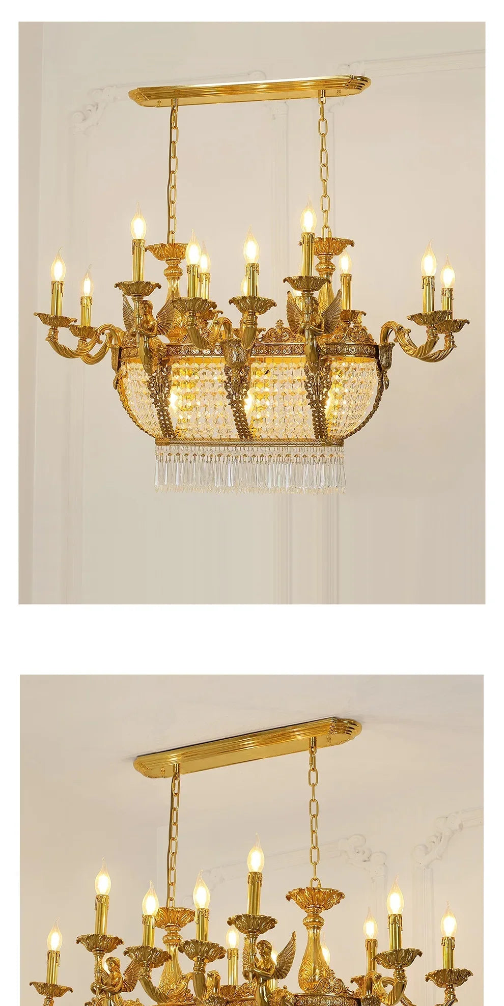 French Gold Rectangular Lighting Low Ceiling Pendant Lamp Dining Room Crystal Classical Chandelier For Dinning Room