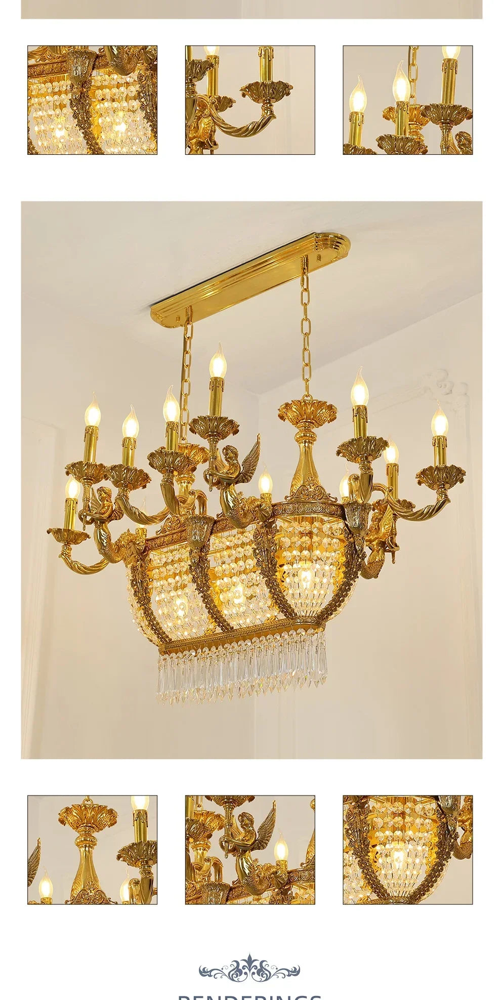 French Gold Rectangular Lighting Low Ceiling Pendant Lamp Dining Room Crystal Classical Chandelier For Dinning Room