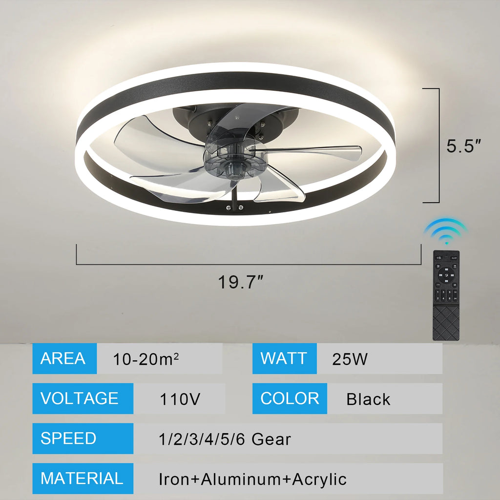 LED Ceiling Fan 20" Modern Low Profile Flush Mount Fandelier with App & Remote Control for Bedroom Kids Room Living Room